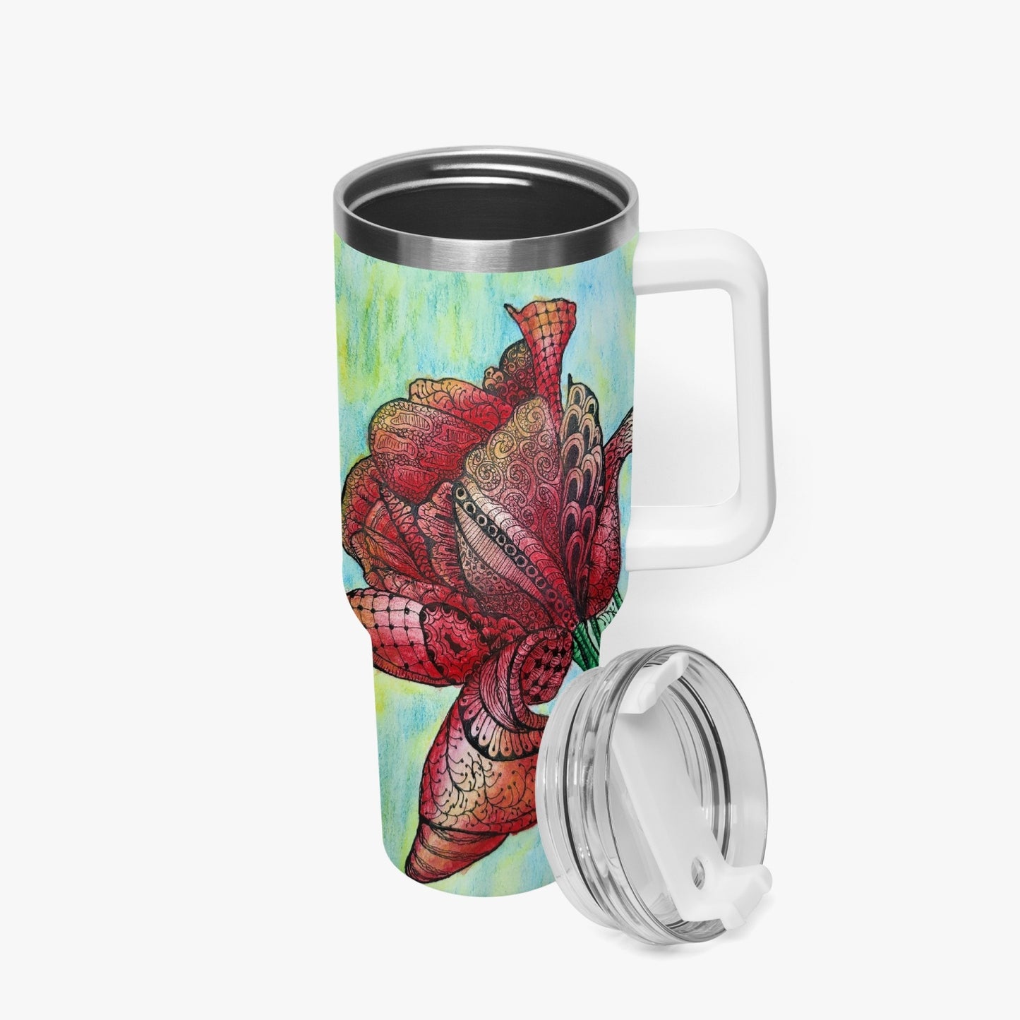 40oz Car Tumbler Cup - Zen Floral Harmony - Colorful Zentangle Flower Artwork Design