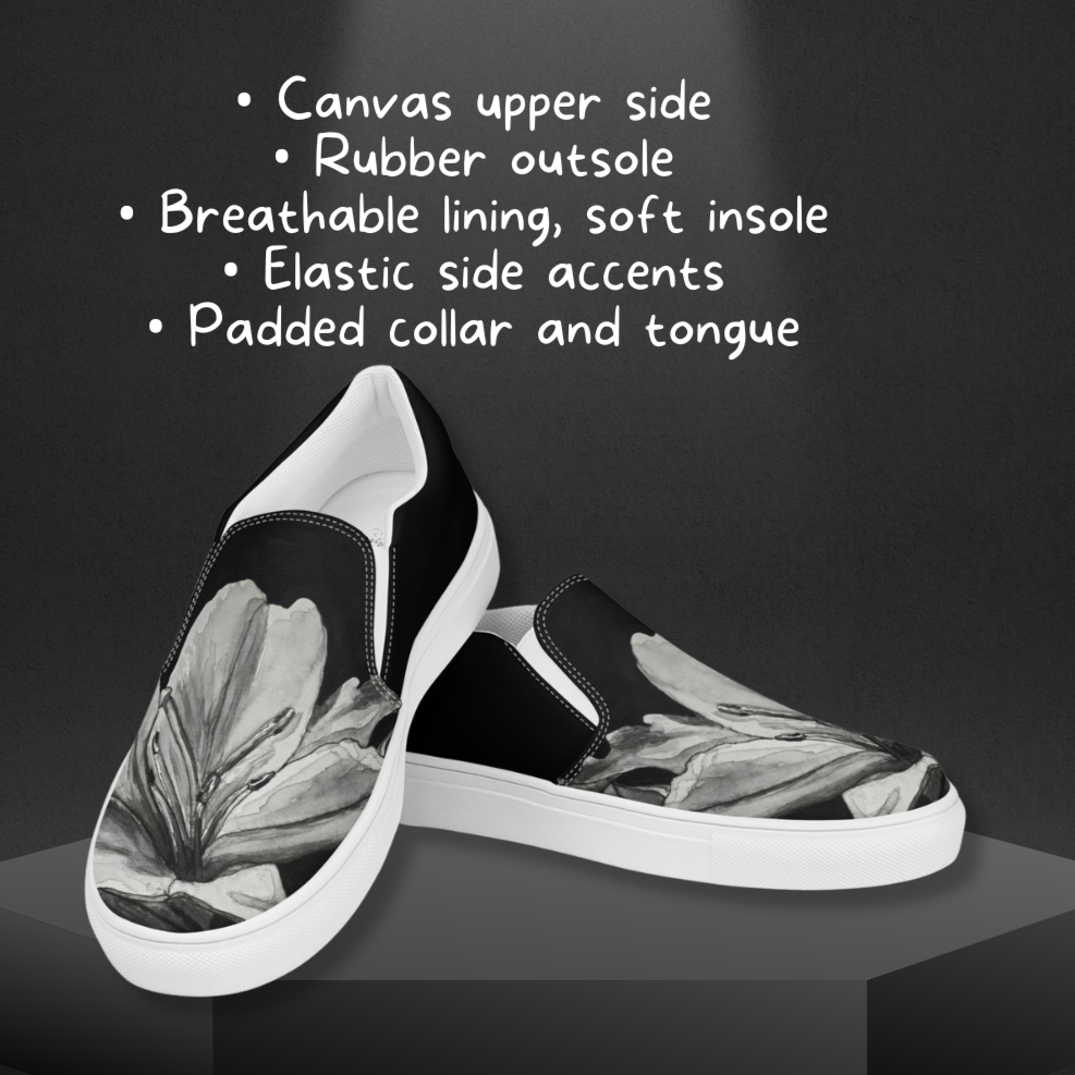 Floral Elegance Women's Slip-On Canvas Shoes. Featuring a vibrant watercolor painting of lovely monochrome lily flowers