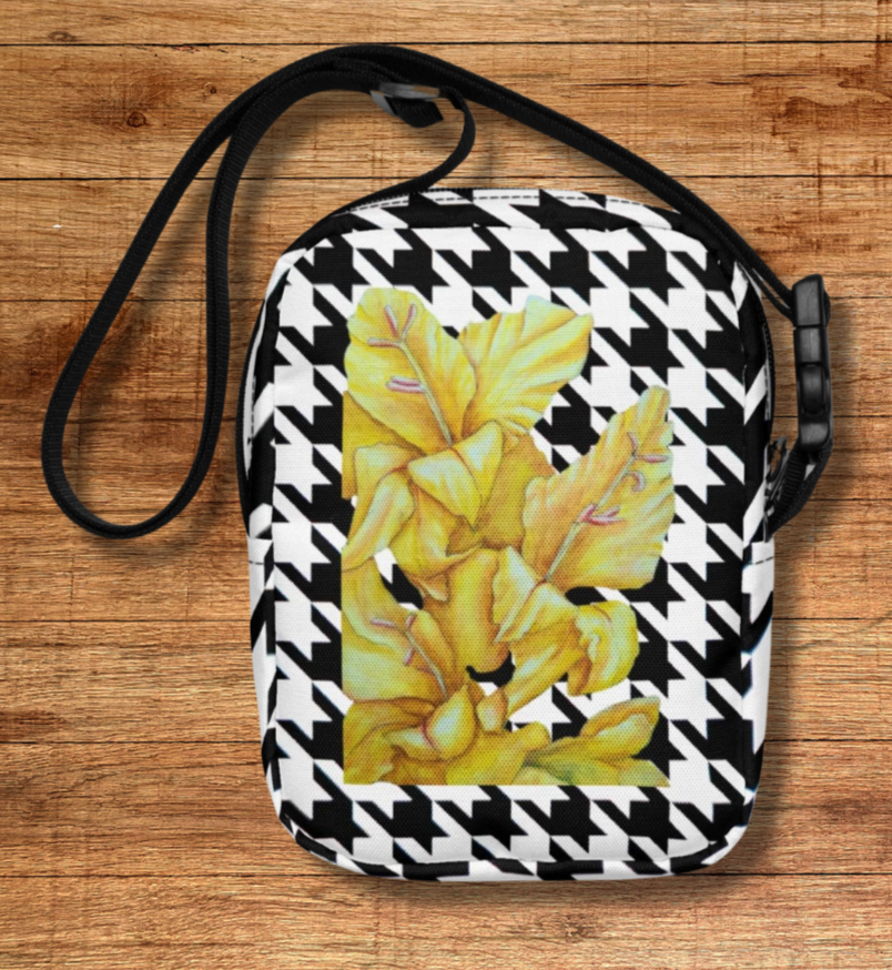 Utility Crossbody Bag Purse: Sunny Blooms Yellow Hound's Tooth Gladiola Artwork