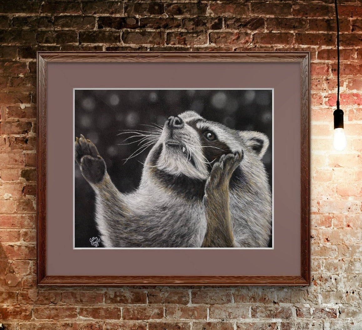 Catching Snowflakes: Whimsical Raccoon Artwork Giclée Print