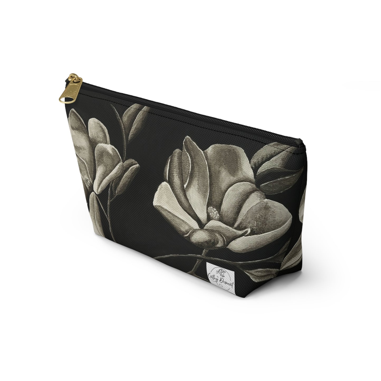 Accessory Pouch w T-bottom - Zippered Bag - Midnight Magnolias - Monochrome Floral Artwork Design