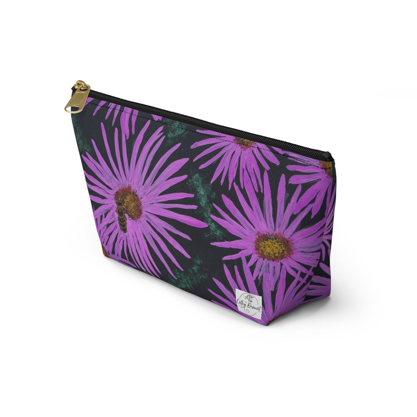 Accessory Pouch with T-bottom - Purple Aster Flowers with Bee Artwork