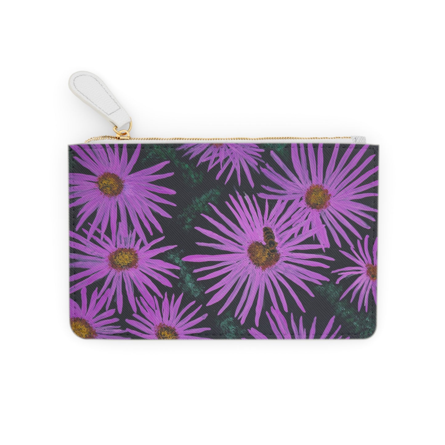 Mini Clutch Bag - Purple Aster Flowers with Bee - Colorful Floral Artwork Design