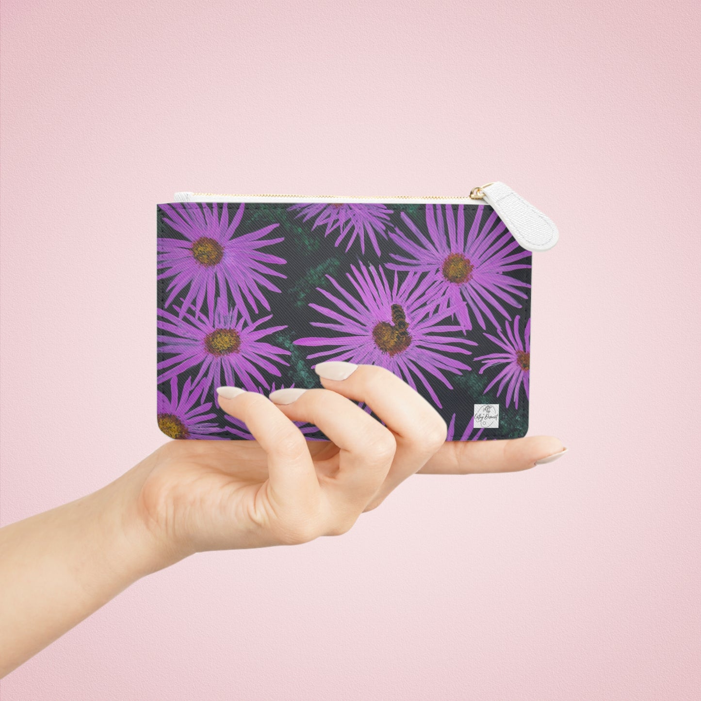 Mini Clutch Bag - Purple Aster Flowers with Bee - Colorful Floral Artwork Design