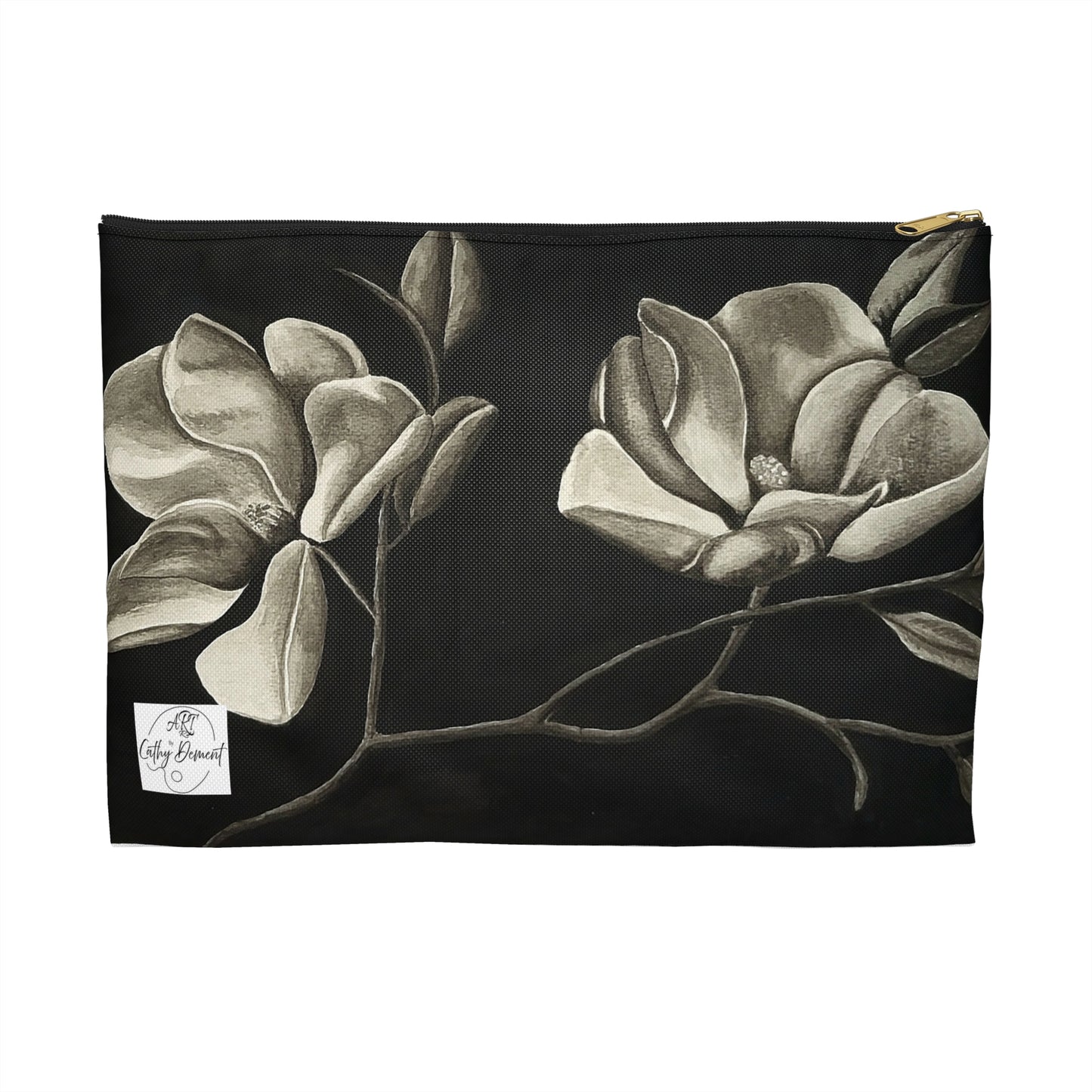 Midnight Magnolias - Monochrome Watercolor Artwork, Artistic Accessory Pouch, Zippered Bag