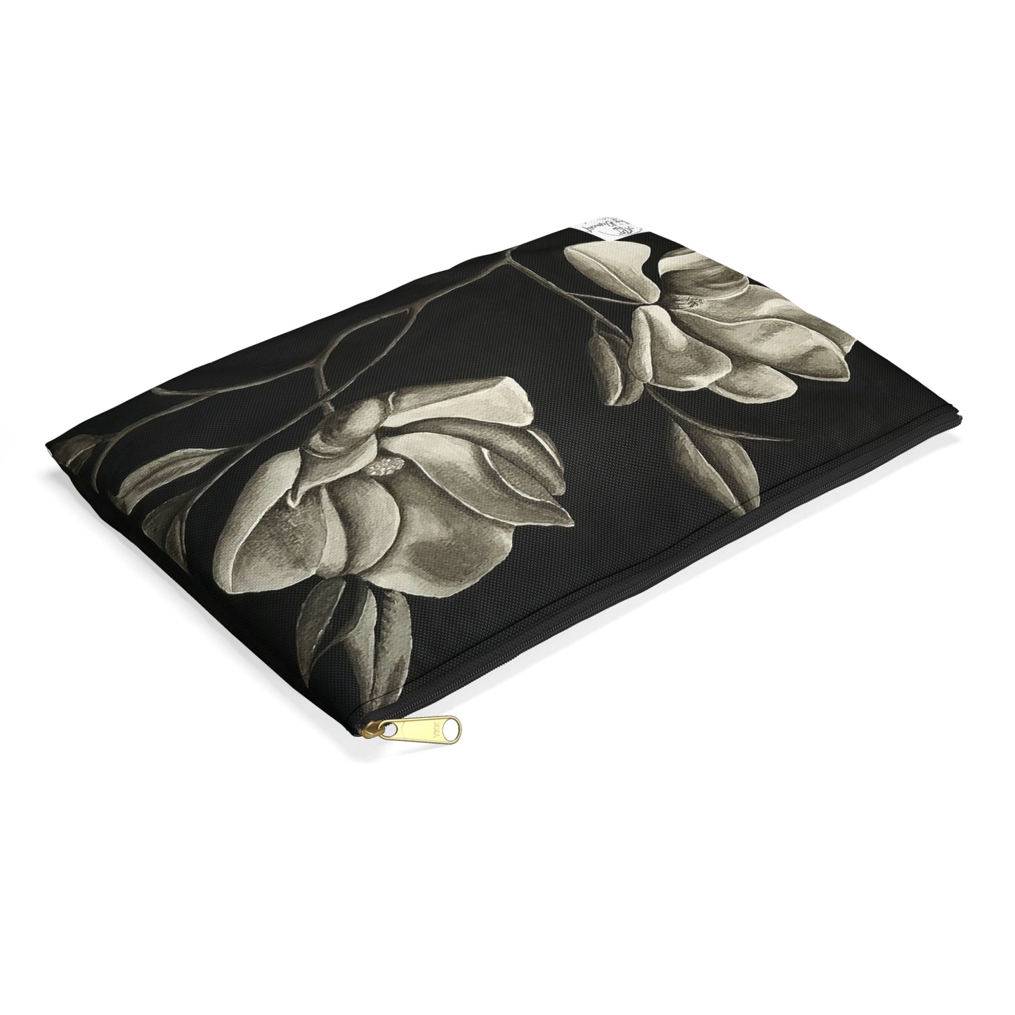 Accessory Pouch - Zippered Bag, Midnight Magnolias - Monochrome Floral Artwork Design