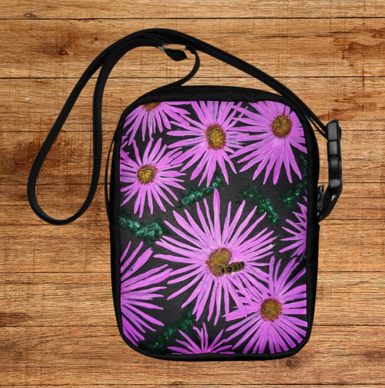 Utility Crossbody Bag Purse: Purple Flower and Bee Floral Print on Black Background