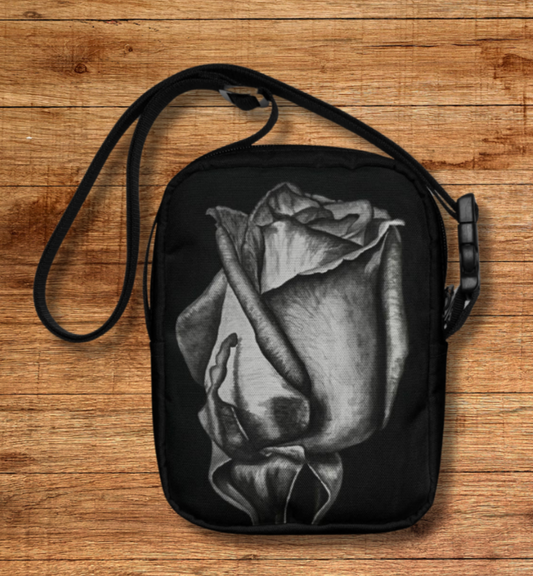 Utility Crossbody Bag Purse: Dusk's Embrace Monochrome Rose Artwork