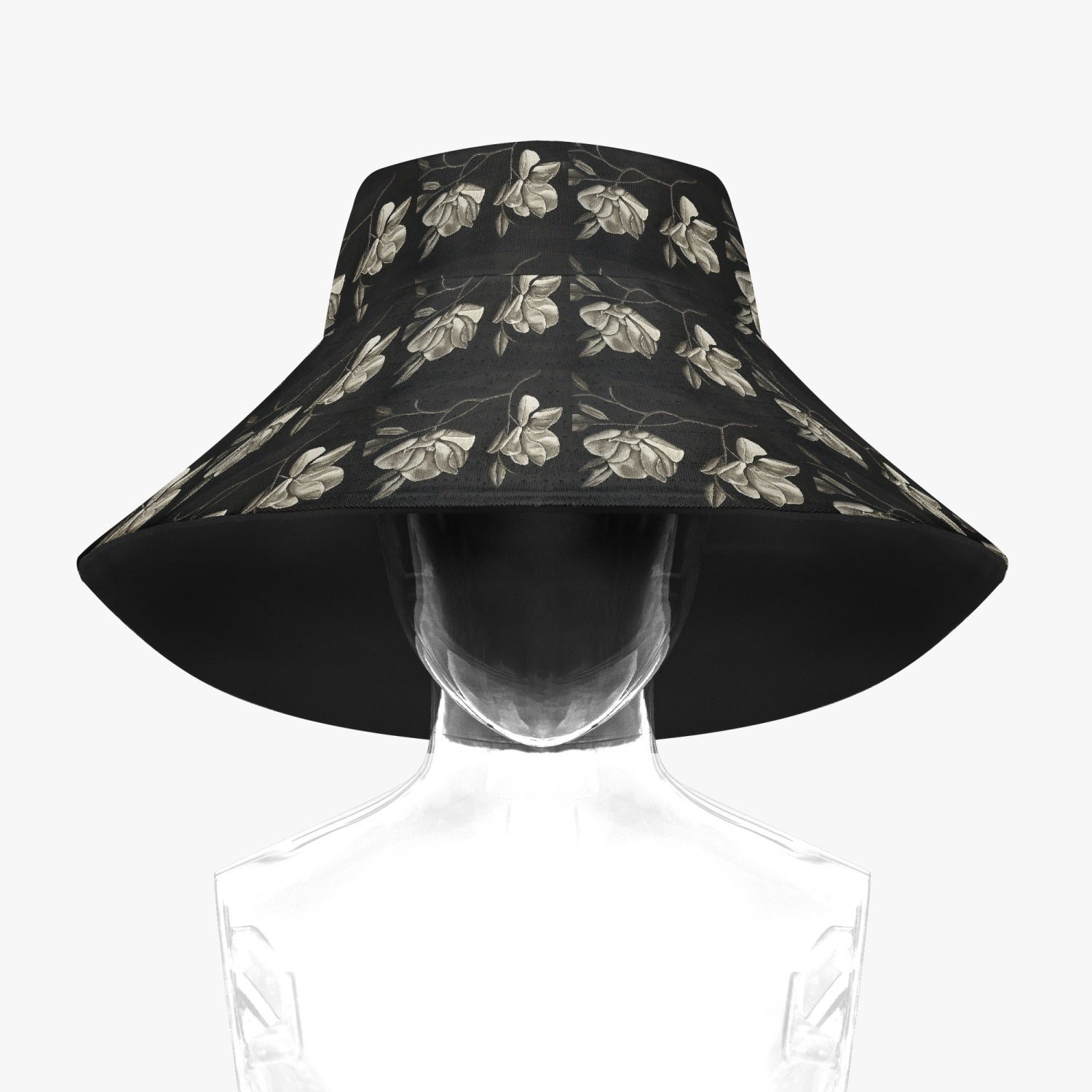 Floppy Beach Hat - Midnight Magnolias - Monochrome Black and White Magnolia Artwork Design