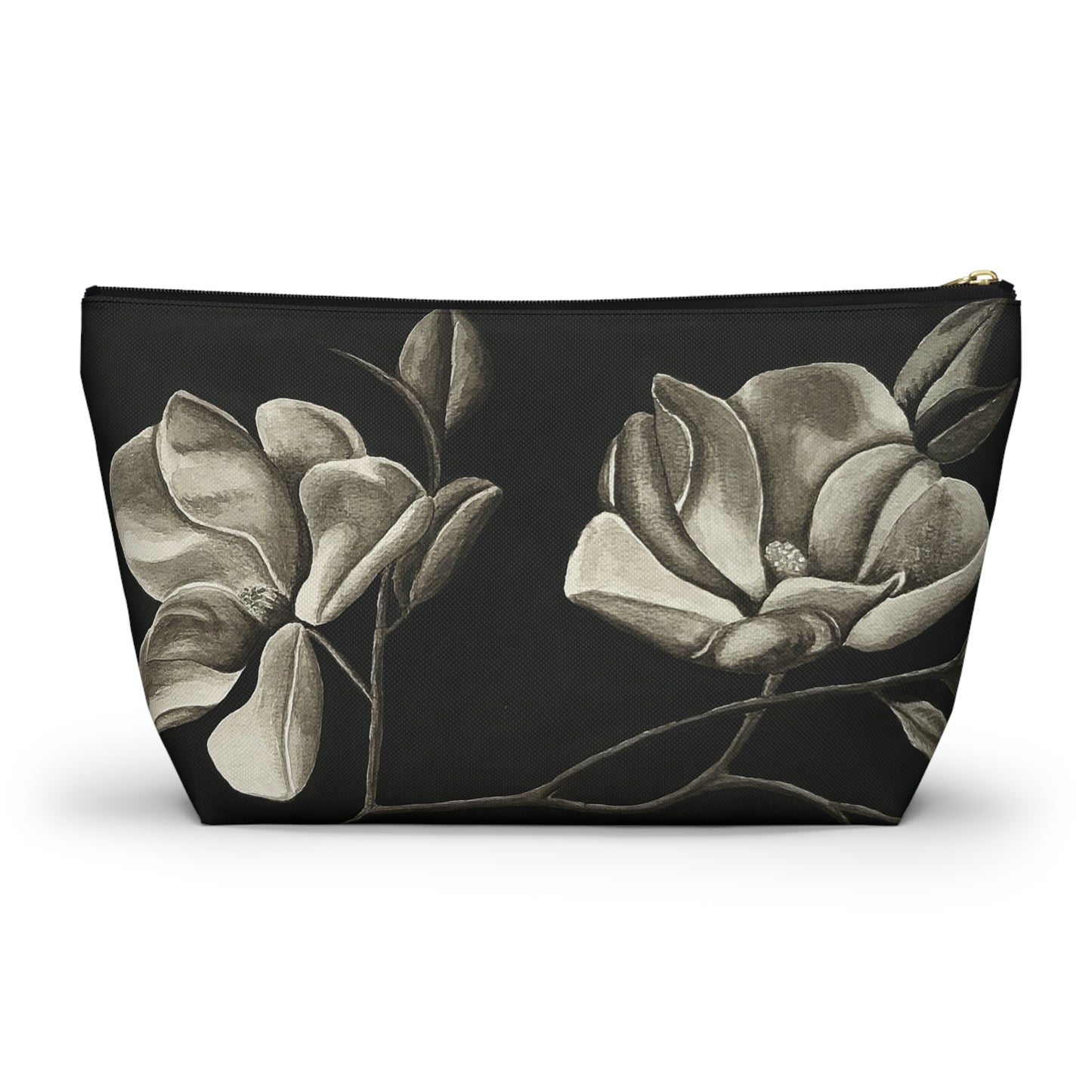 Accessory Pouch w T-bottom - Zippered Bag - Midnight Magnolias - Monochrome Floral Artwork Design