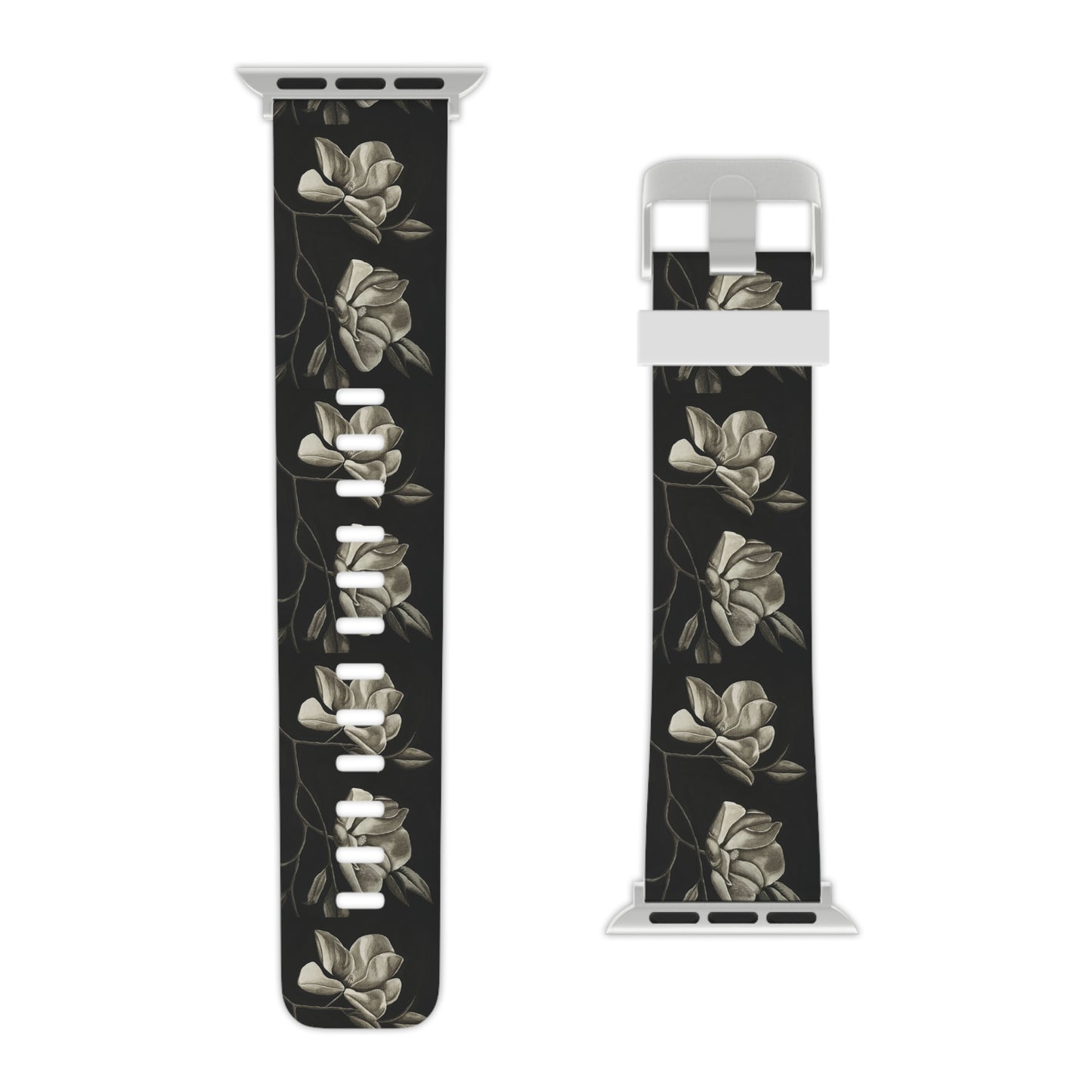 Watch Band for Apple Watch - Midnight Magnolias - Monochrome Floral Artwork Design