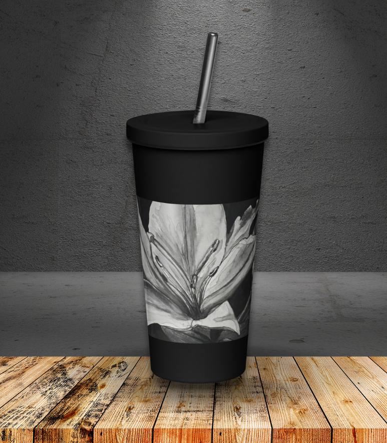 Floral Elegance: Lilles On Black Background Artwork Insulated Tumbler With A Straw