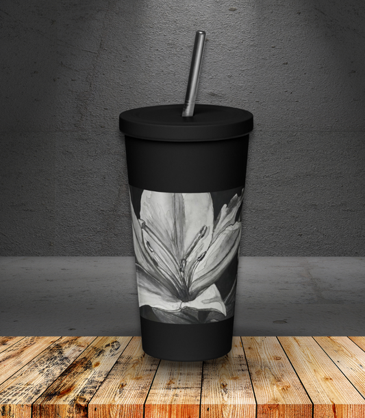 Floral Elegance: Lilles On Black Background Artwork Insulated Tumbler With A Straw