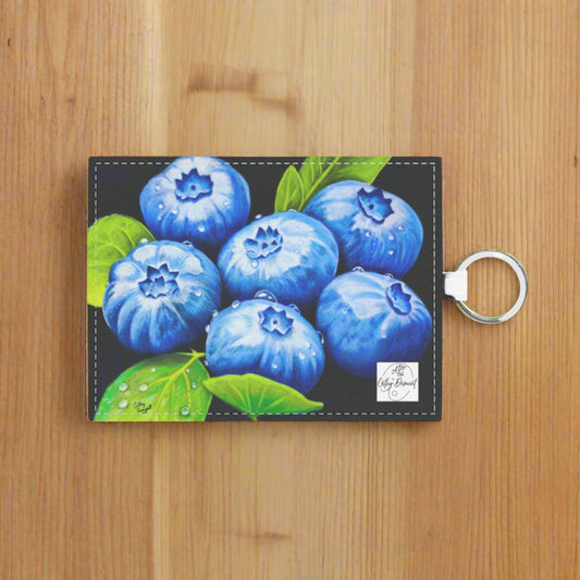 Blueberry Bliss - Berry Artwork with Dew Drops, Faux Leather Card Holder with Keyring, Handy Key Chain