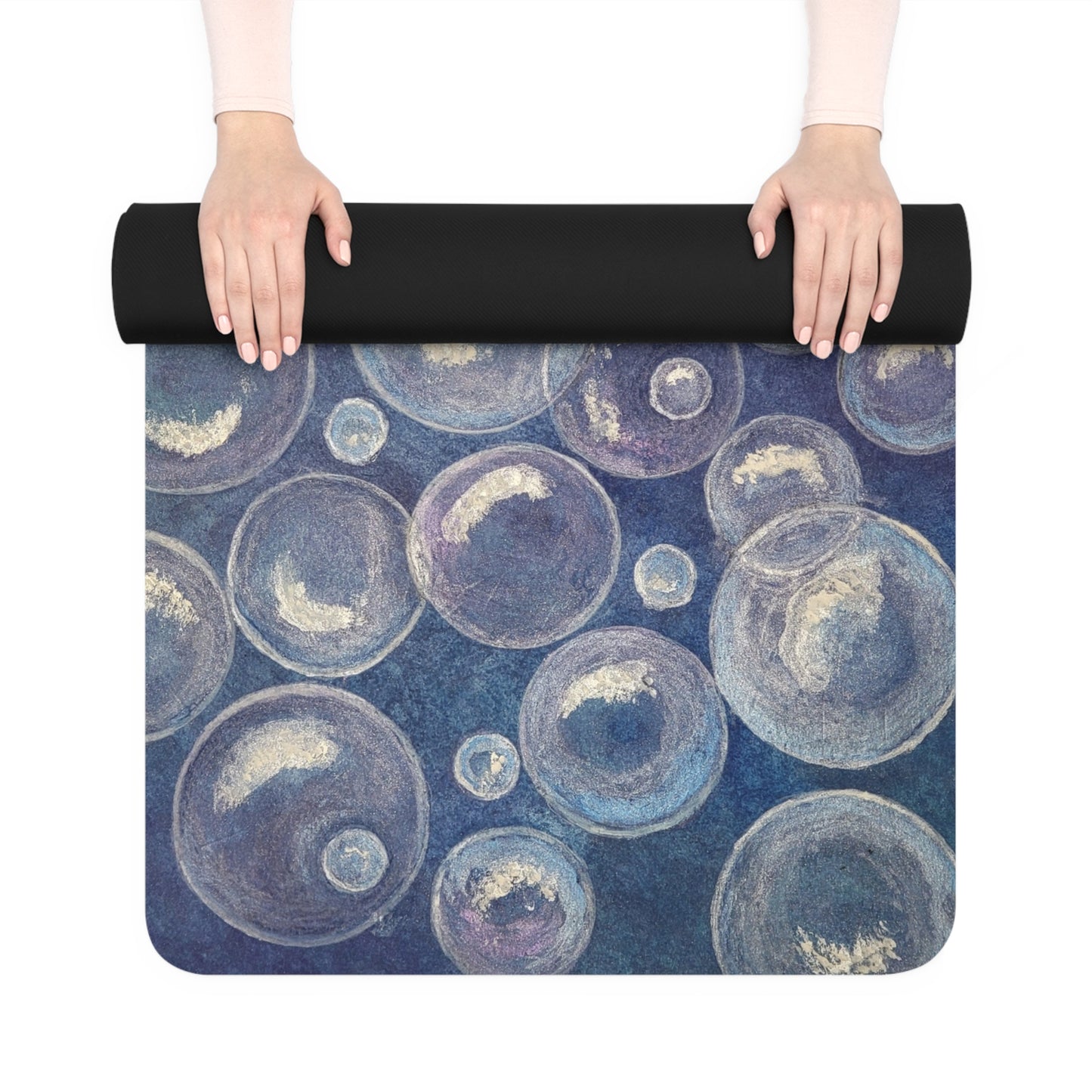 Yoga Mat - Tranquil Reflections: Blue and White Bubbles Artwork Design