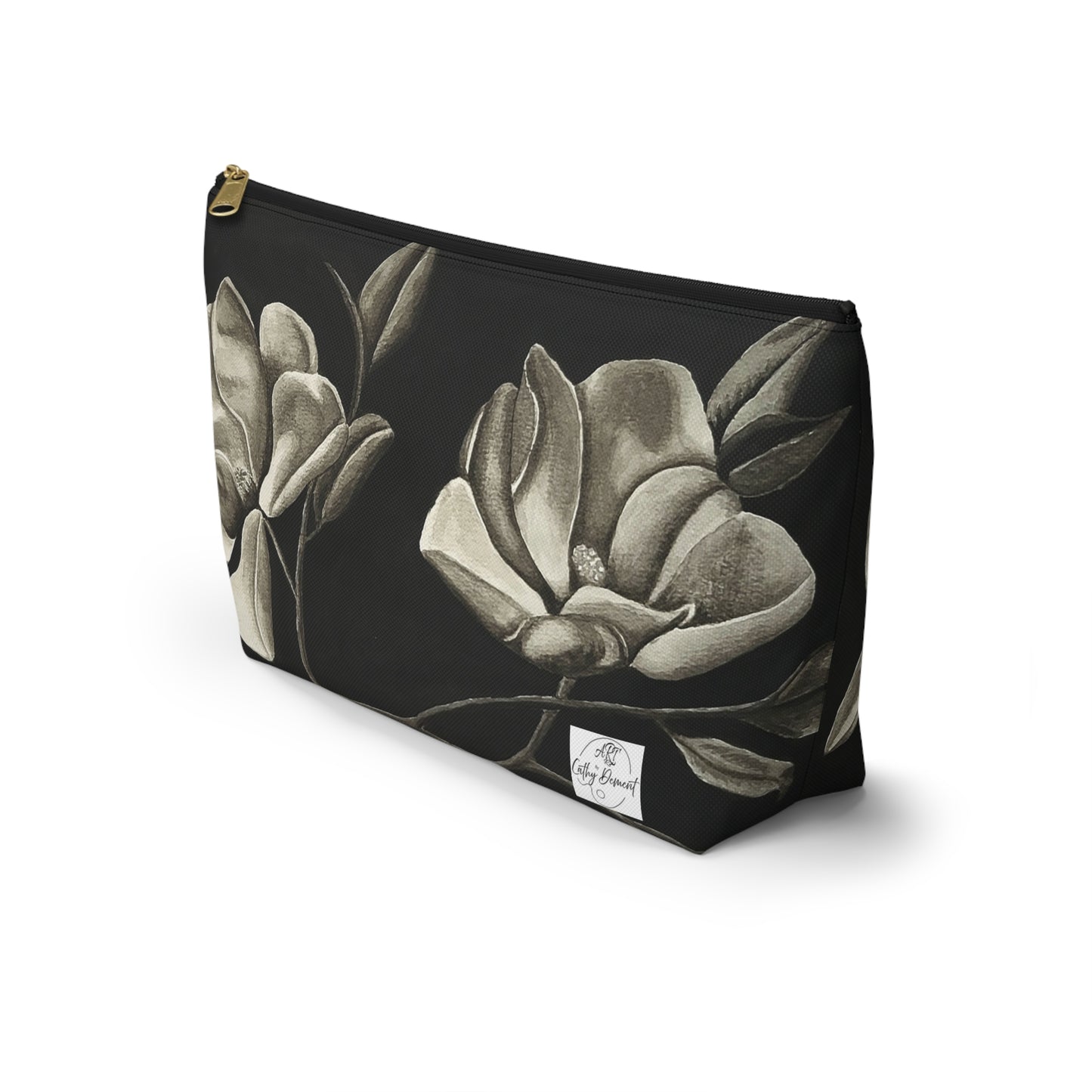 Accessory Pouch w T-bottom - Zippered Bag - Midnight Magnolias - Monochrome Floral Artwork Design