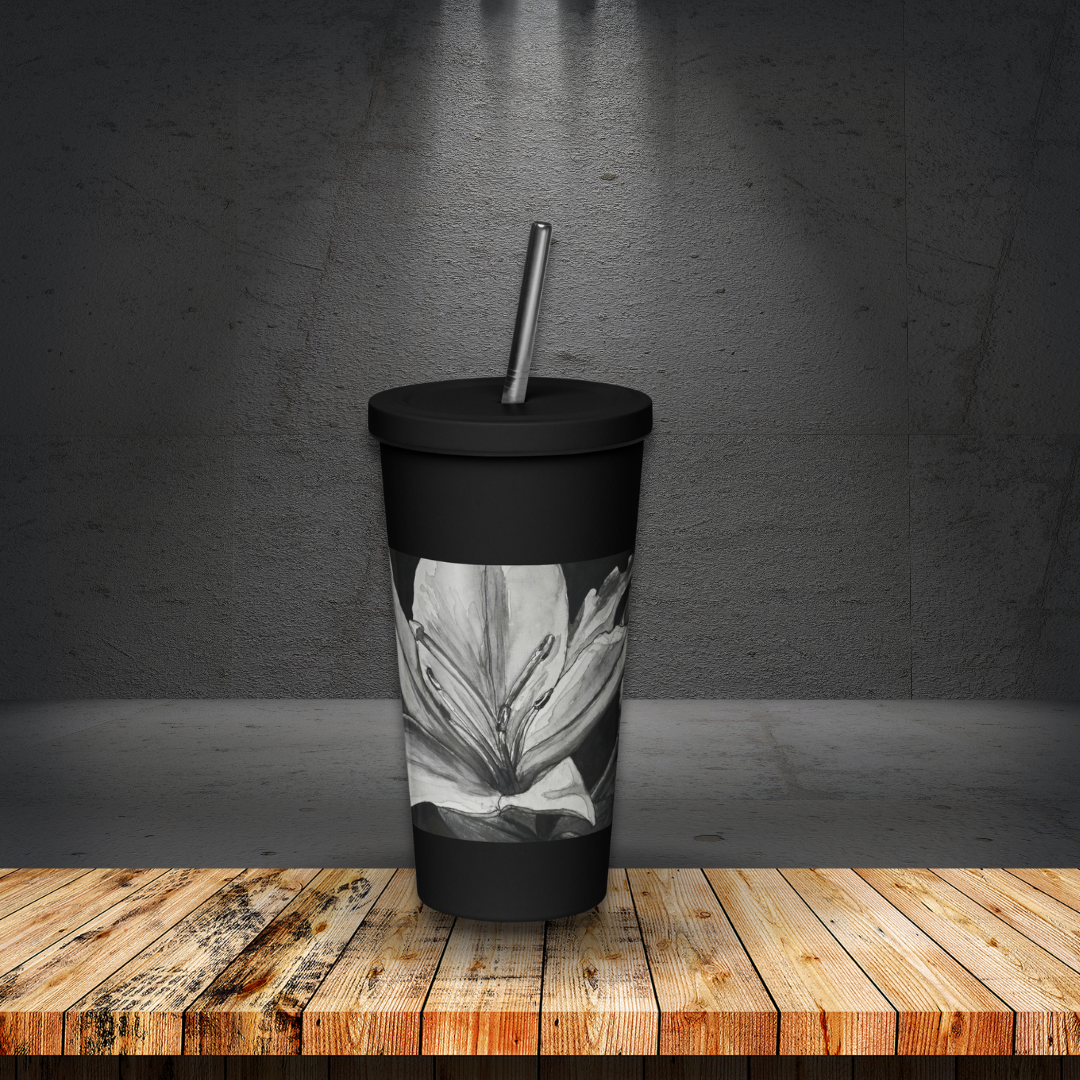 Floral Elegance: Lillies On Black Background Artwork Insulated Tumbler With A Straw