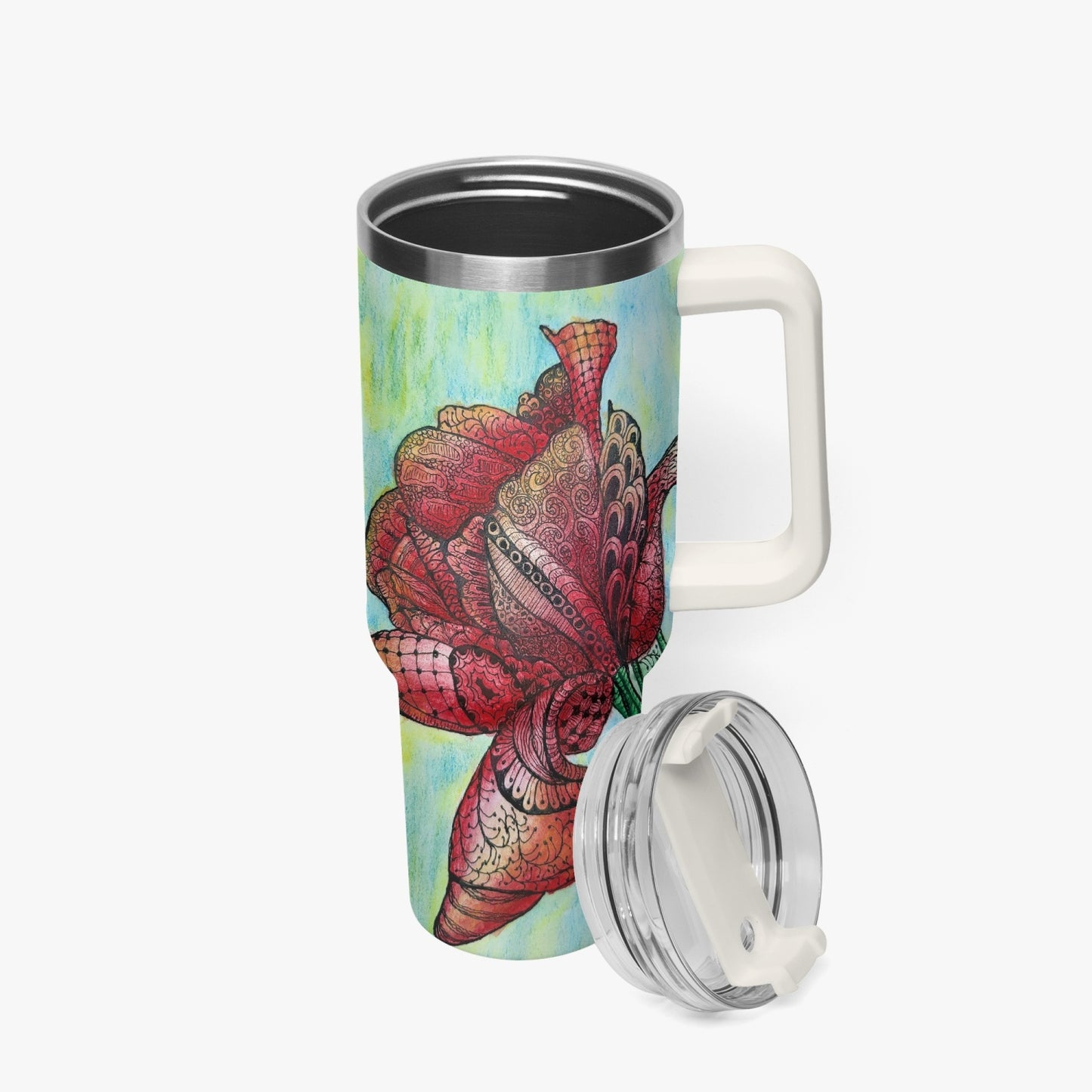 40oz Car Tumbler Cup - Zen Floral Harmony - Colorful Zentangle Flower Artwork Design