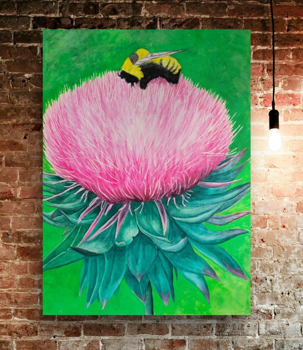 Metal print: Bumble Bee Bliss Pink Flower With Bee Artwork Design