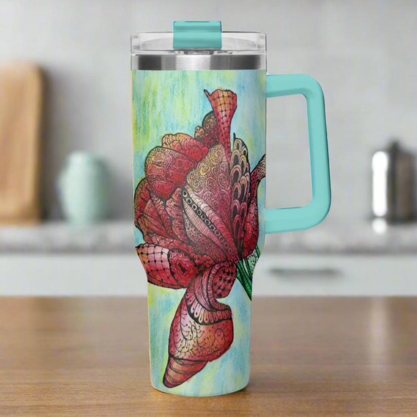 40oz Car Tumbler Cup - Zen Floral Harmony - Colorful Zentangle Flower Artwork Design