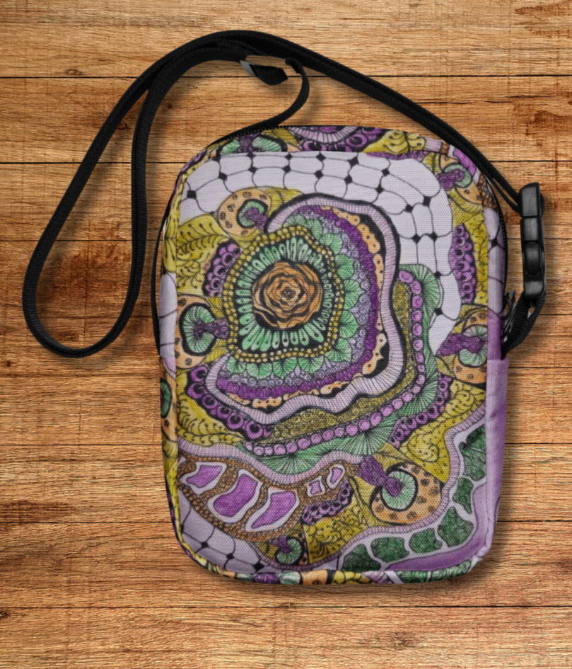 Utility crossbody bag: Zen Floral Bliss: Zentangle Design Artwork