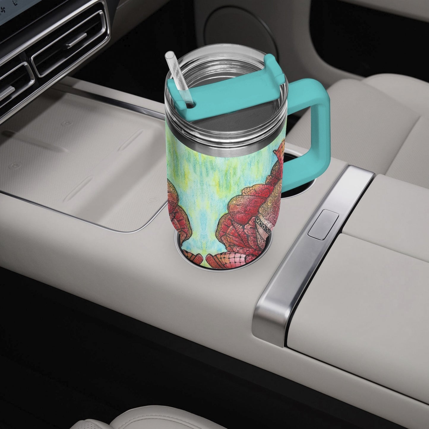 40oz Car Tumbler Cup - Zen Floral Harmony - Colorful Zentangle Flower Artwork Design