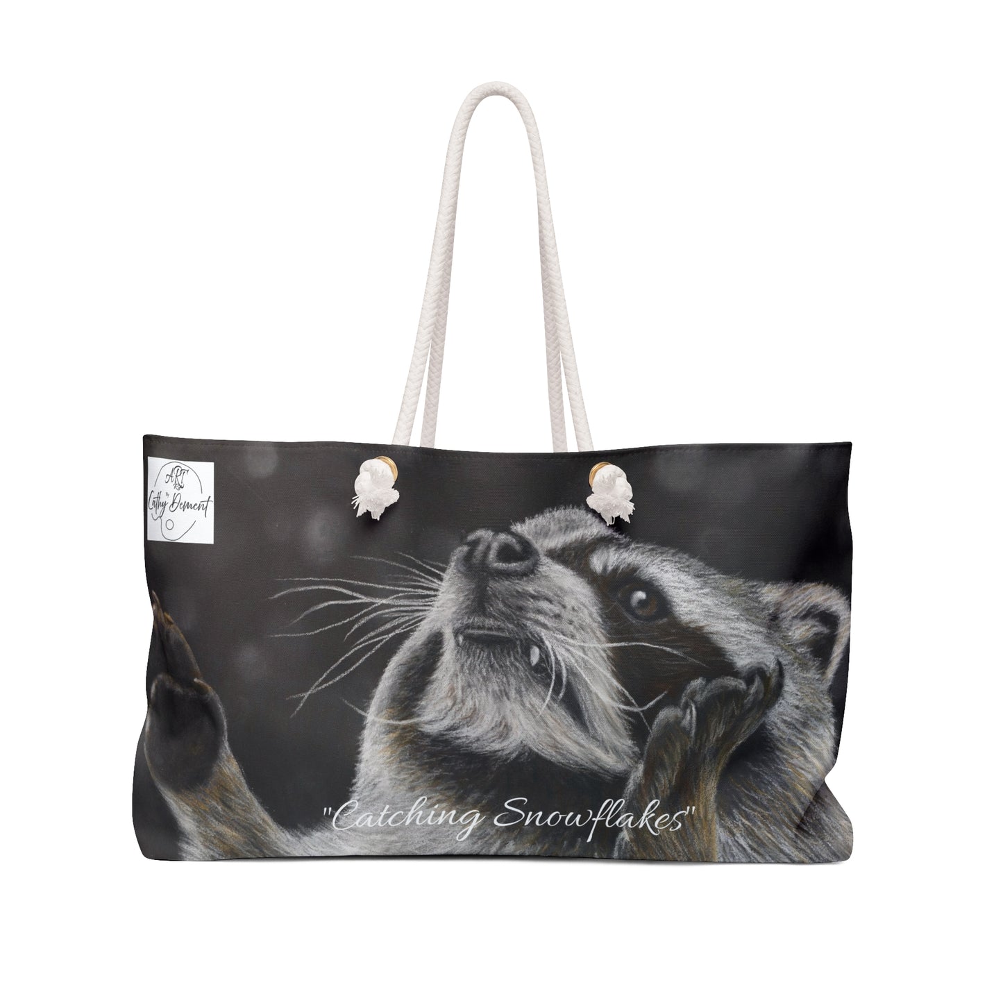 Catching Snowflakes: Cute Raccoon Artwork Design Weekender Bag Tote