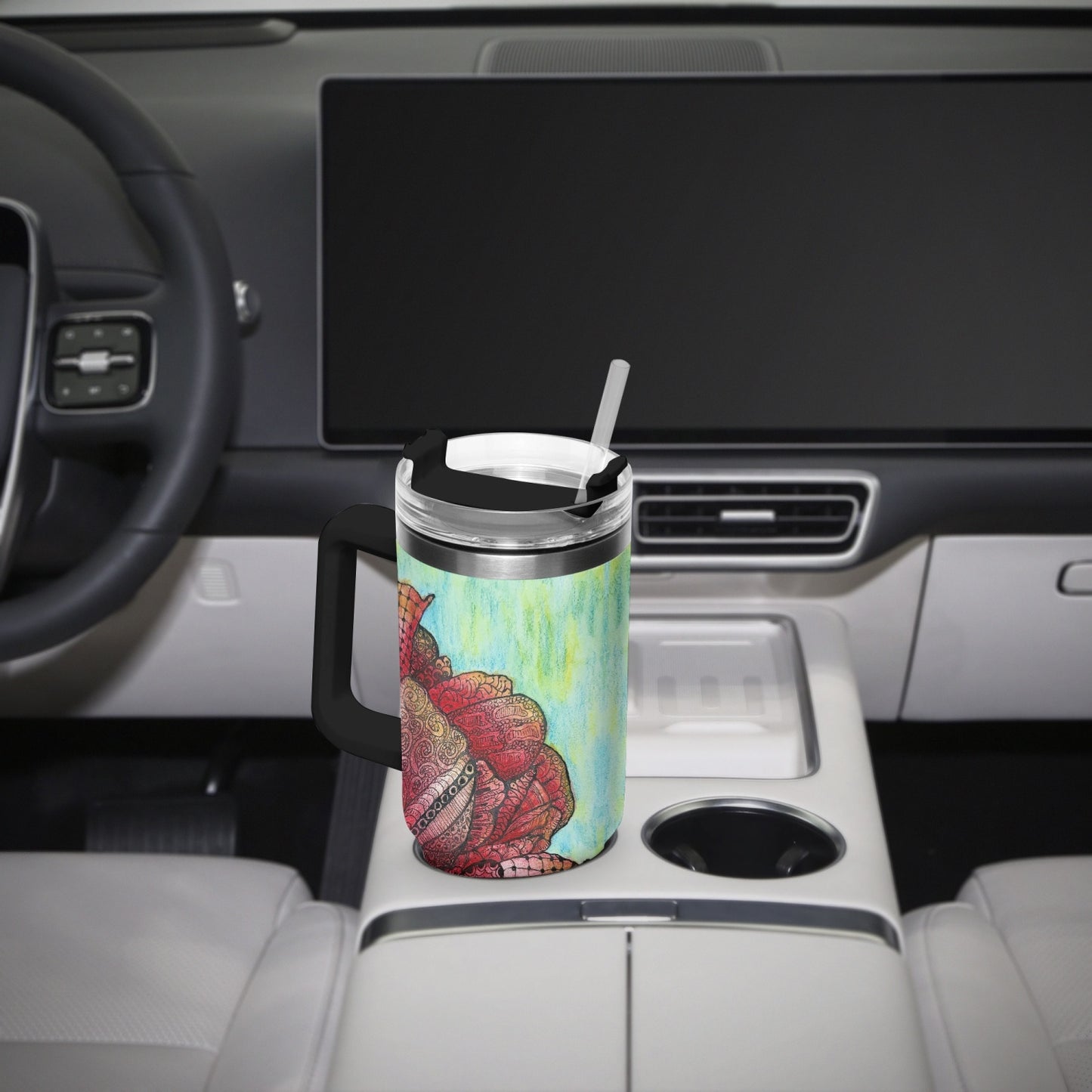 40oz Car Tumbler Cup - Zen Floral Harmony - Colorful Zentangle Flower Artwork Design