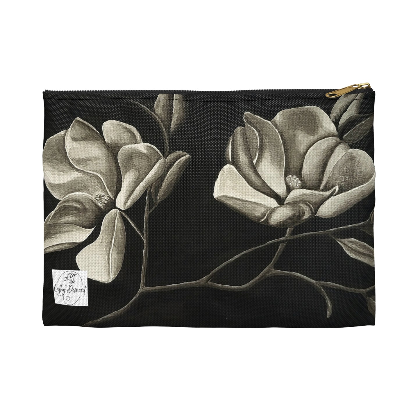 Accessory Pouch - Zippered Bag, Midnight Magnolias - Monochrome Floral Artwork Design