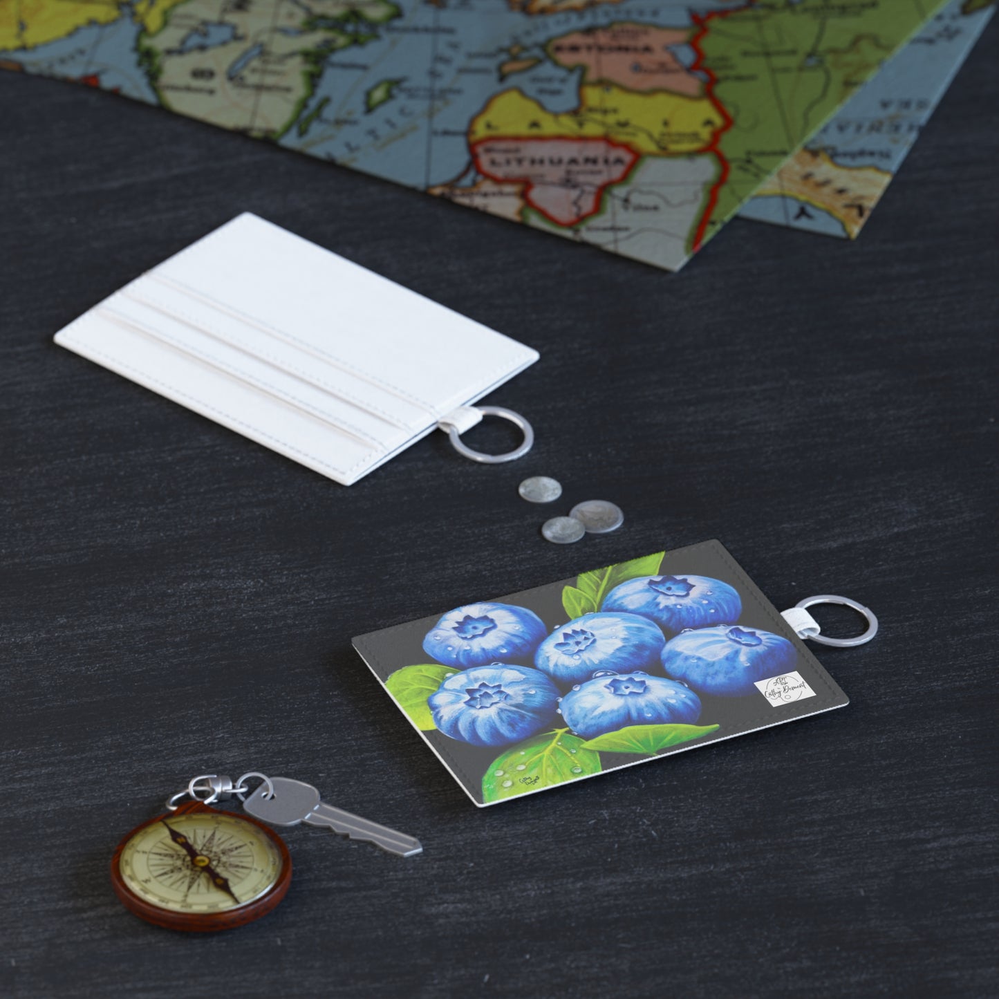 Blueberry Bliss - Berry Artwork with Dew Drops, Faux Leather Card Holder with Keyring, Handy Key Chain