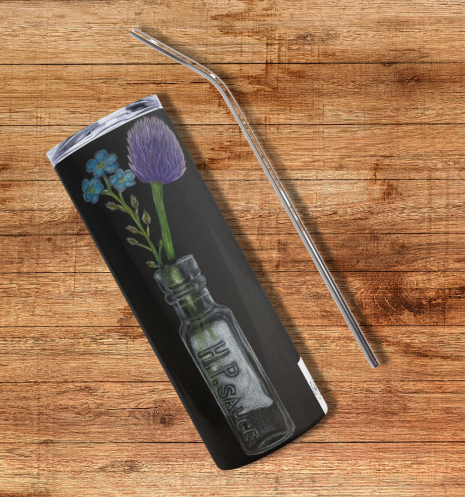 Saucy Serenity: HP Sauce Bottle Vase Colored Pencil Design Stainless Steel Tumbler