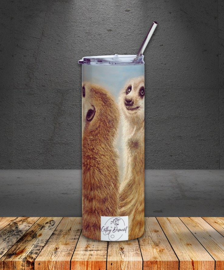 Curious Guardians: Meerkat Duo in Vigilance Design on Stainless steel tumbler