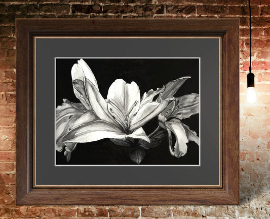 Floral Elegance: Lilies On Black Background Artwork Giclée Print