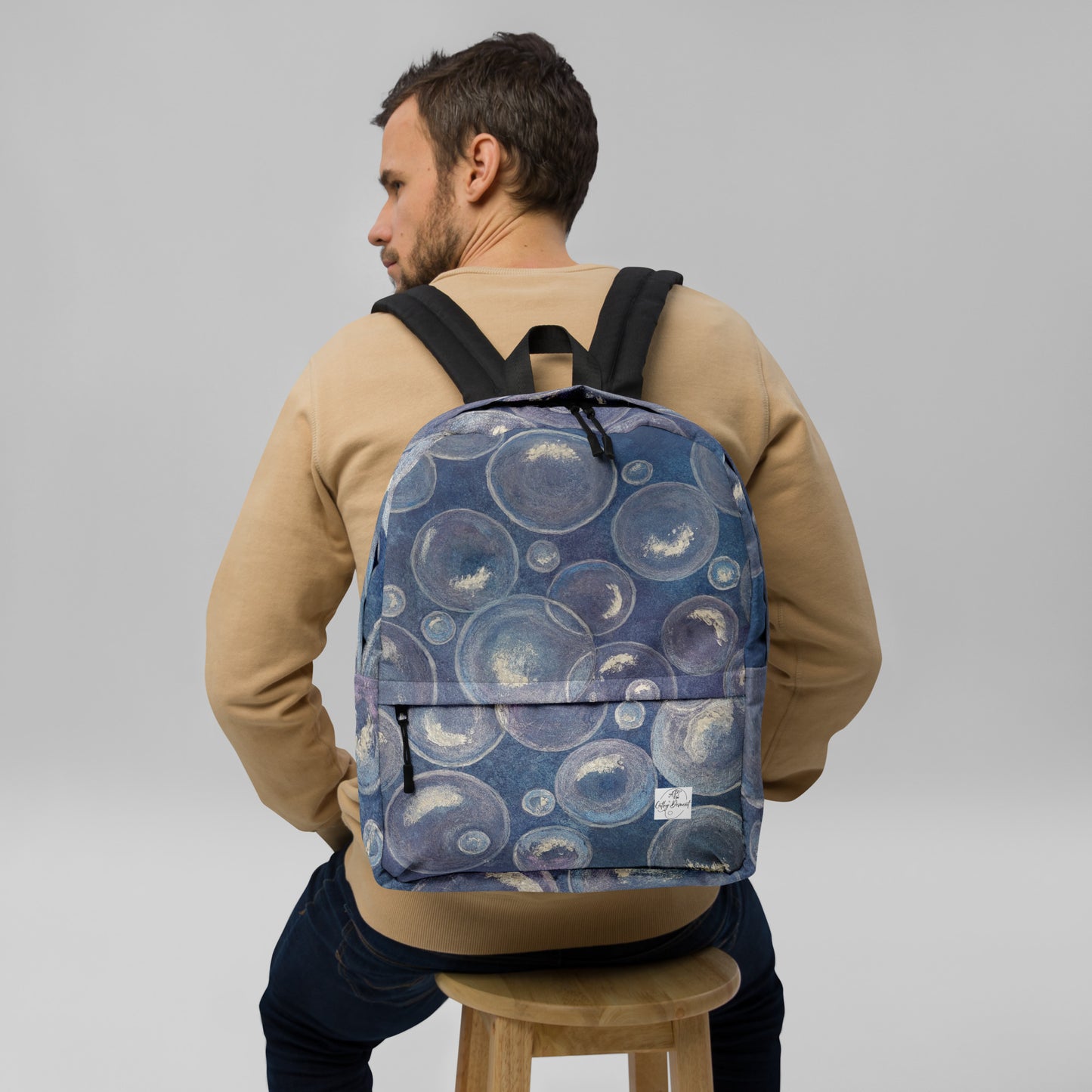 Backpack - Tranquil Reflections: Blue and White Reflective Bubble Design