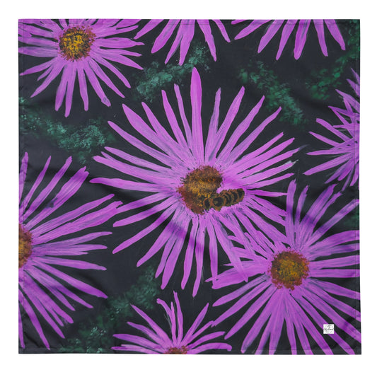 Bandana -Purple Aster Flowers with Bee - Colorful Art Scarf, Floral Artwork Design