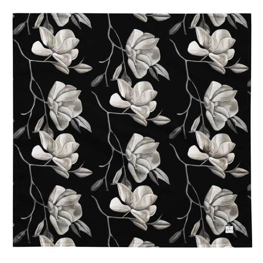 Bandana - Midnight Magnolias - Monochrome Scarf, Floral Artwork Design