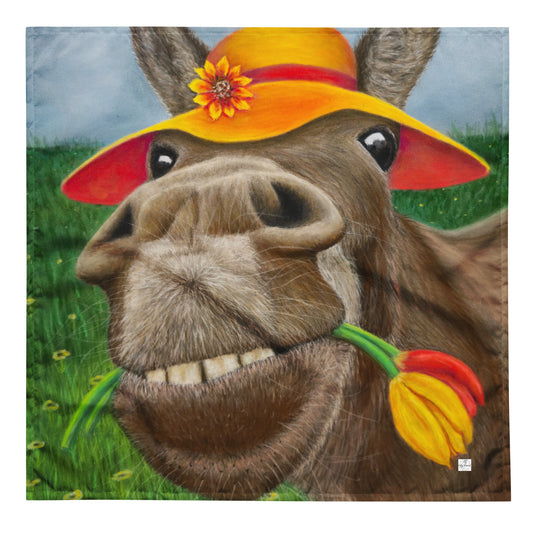 Bandana -Tulip Thief - Whimsical Donkey with Hat, Colorful Art Scarf, Floral Artwork Design