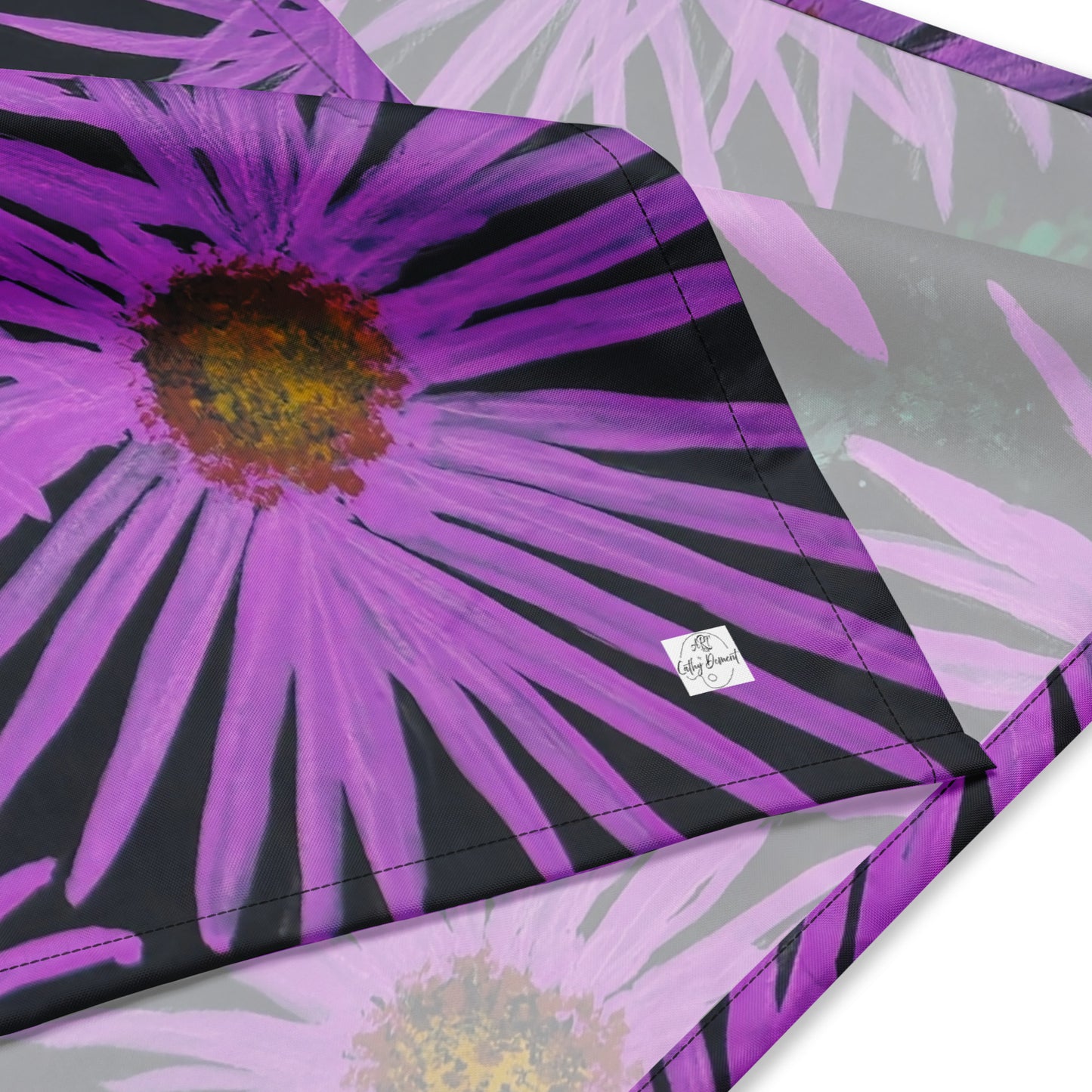 Bandana -Purple Aster Flowers with Bee - Colorful Art Scarf, Floral Artwork Design