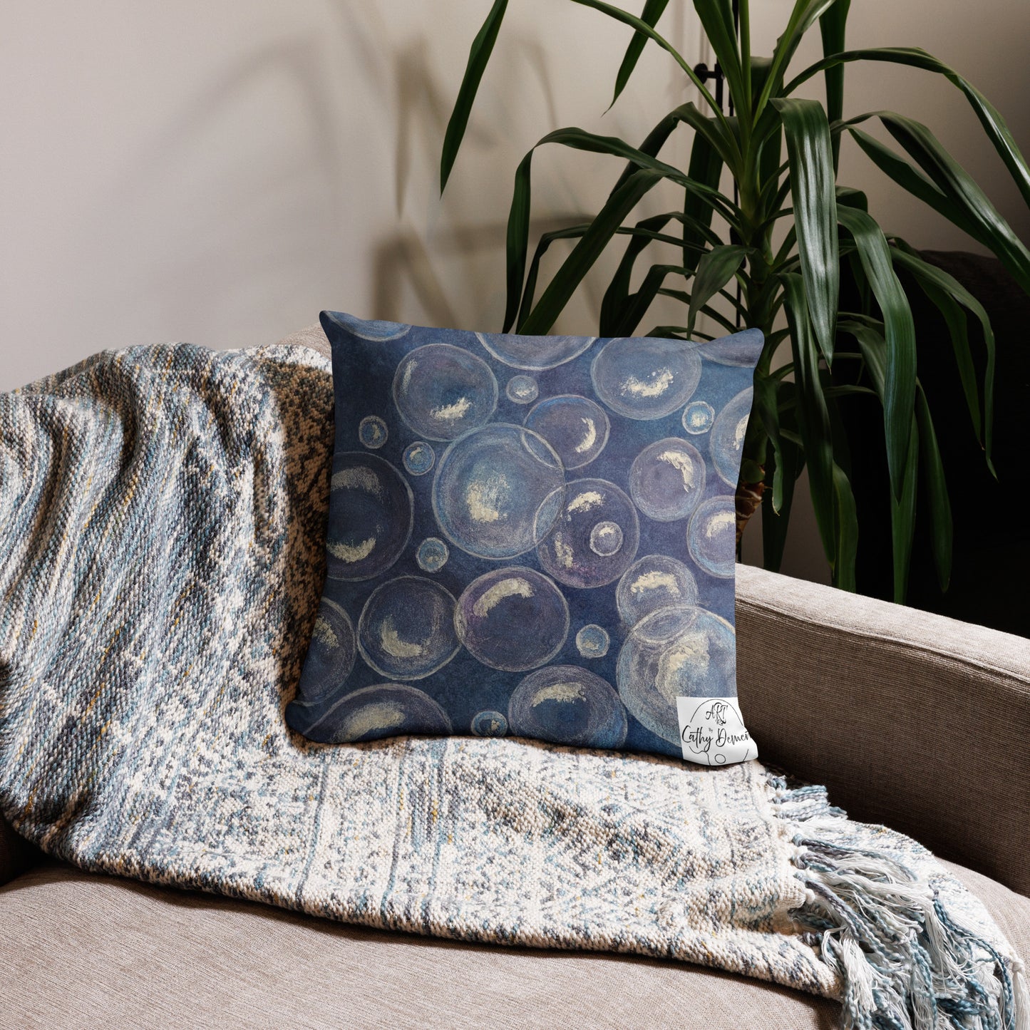 Throw Pillow - Tranquil Reflections: Blue and White Reflective Bubble Design