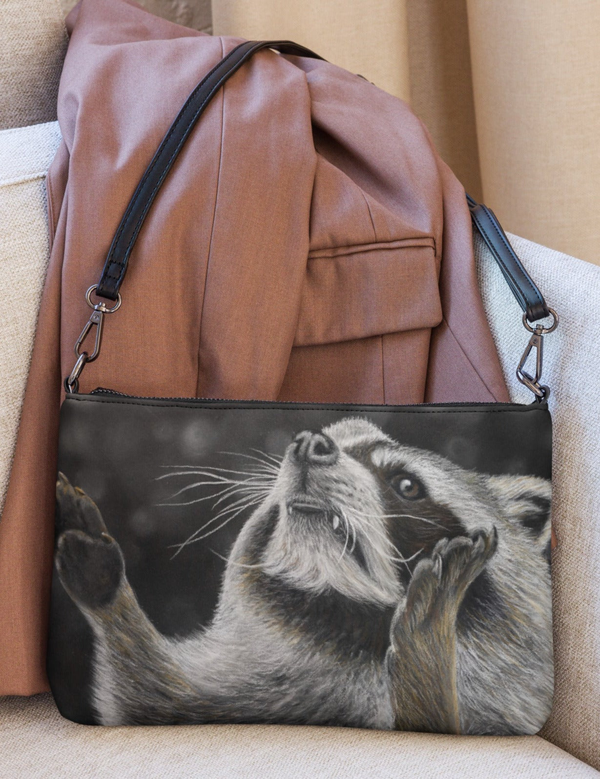 Catching Snowflakes Crossbody Bag - Whimsical Raccoon Artwork by Cathy Dement Faux Leather, Interchangeable Wrist Strap