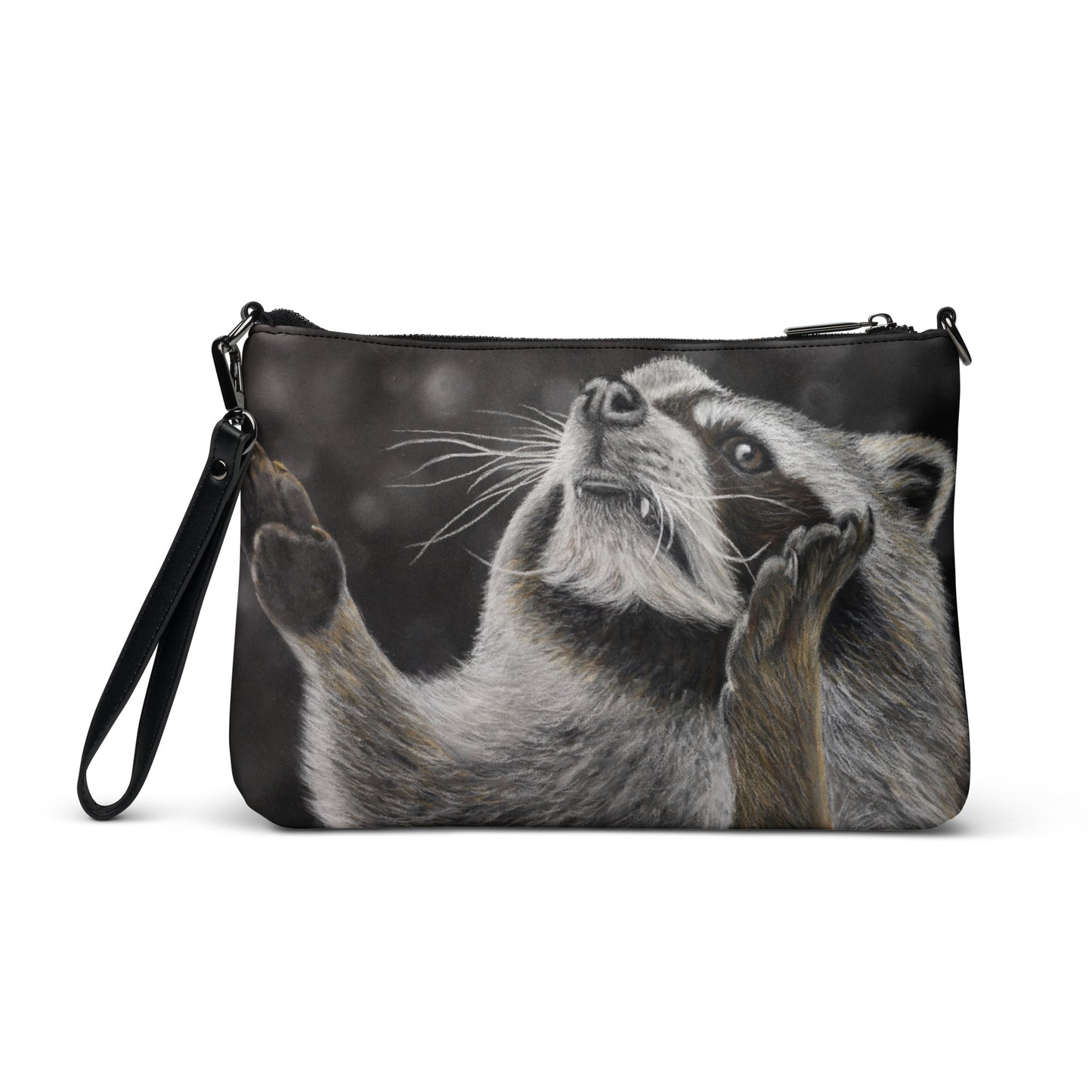 Crossbody Bag - Catching Snowflakes, Whimsical Raccoon Artwork by Cathy Dement Faux Leather, Interchangeable Wrist Strap