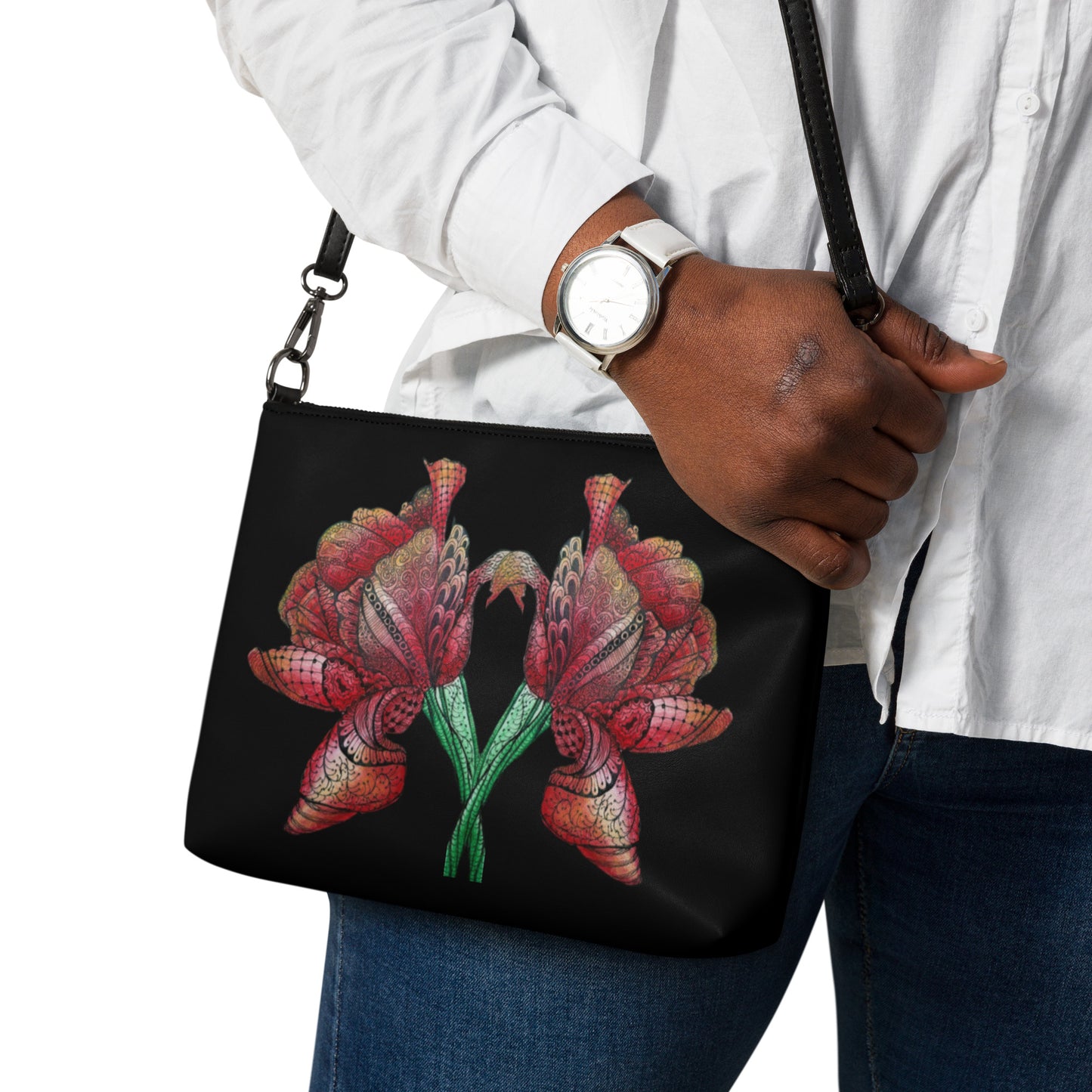 Crossbody Bag -Zen Floral Harmony, Colorful Zentangle Flower Design by Cathy Dement, Interchangeable Wrist Strap