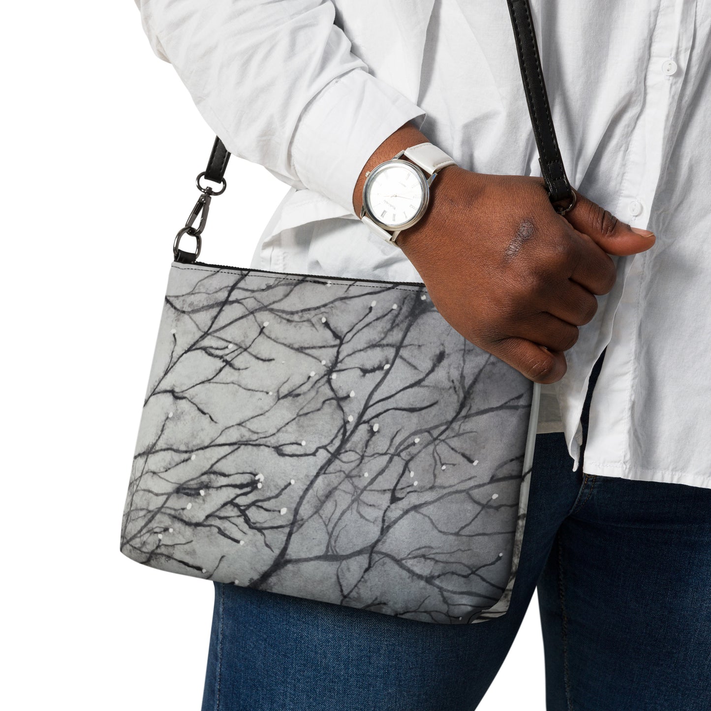 Crossbody Bag - Tranquil Dawn Misty Morning, Serene Tree Branches with Dew Drops Design by Cathy Dement, Interchangeable Wrist Strap