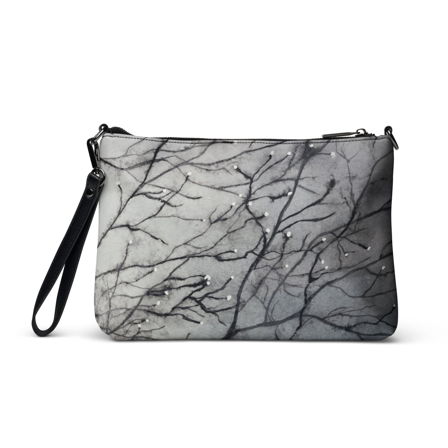 Crossbody Bag - Tranquil Dawn Misty Morning, Serene Tree Branches with Dew Drops Design by Cathy Dement, Interchangeable Wrist Strap