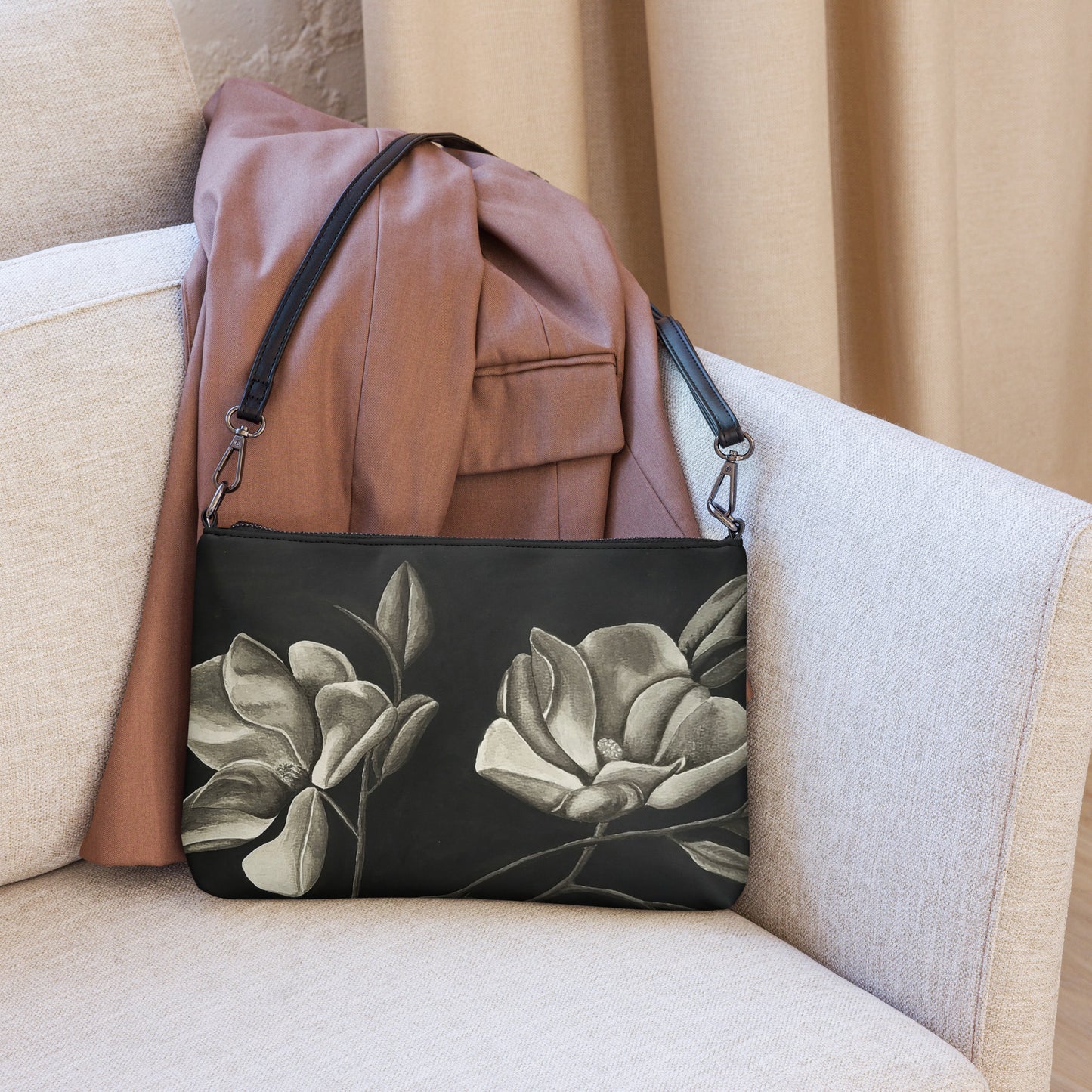 Crossbody Bag - Midnight Magnolias, Original Watercolor Artwork by Cathy Dement, Faux Leather, Interchangeable Wrist Strap