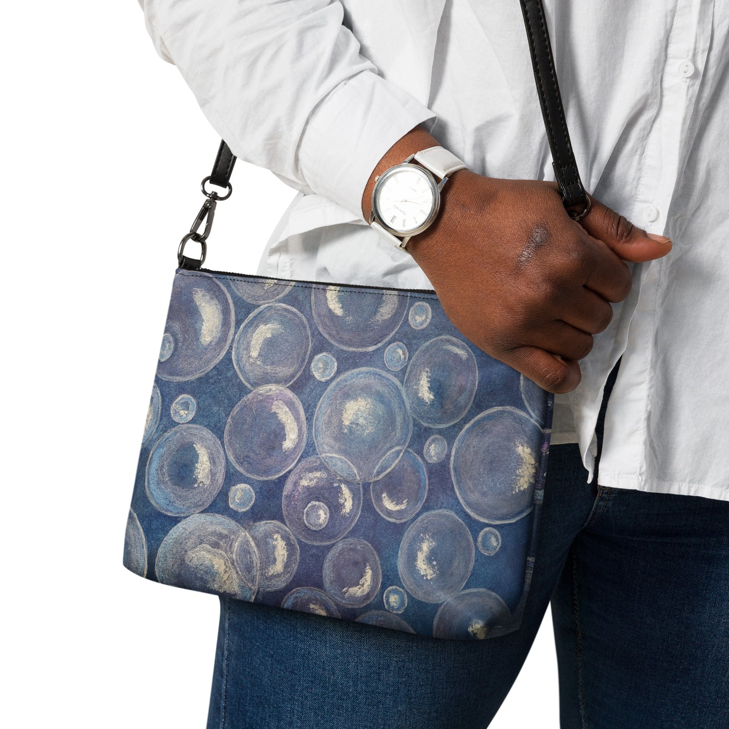 Crossbody Bag - Tranquil Reflections, Blue and White Bubble Artwork by Cathy Dement, Interchangeable Wrist Strap