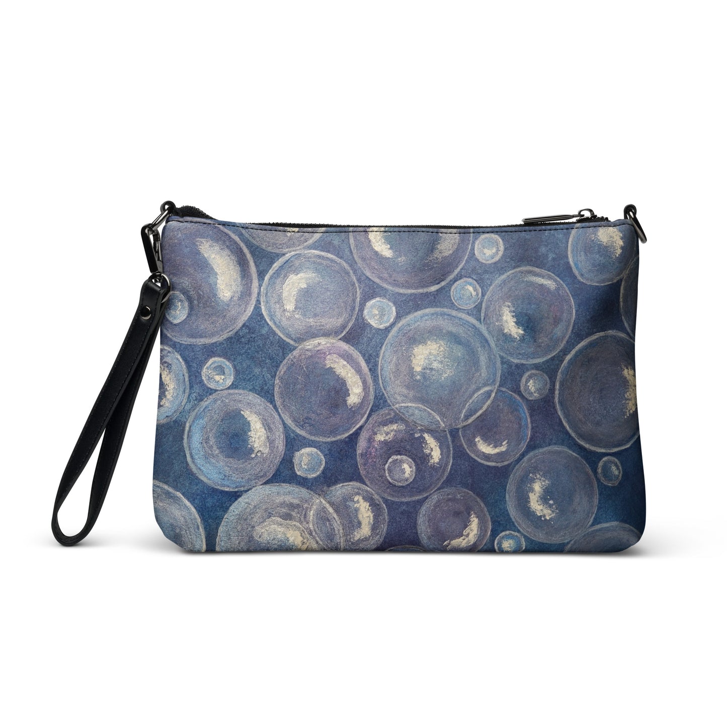 Crossbody Bag - Tranquil Reflections, Blue and White Bubble Artwork by Cathy Dement, Interchangeable Wrist Strap