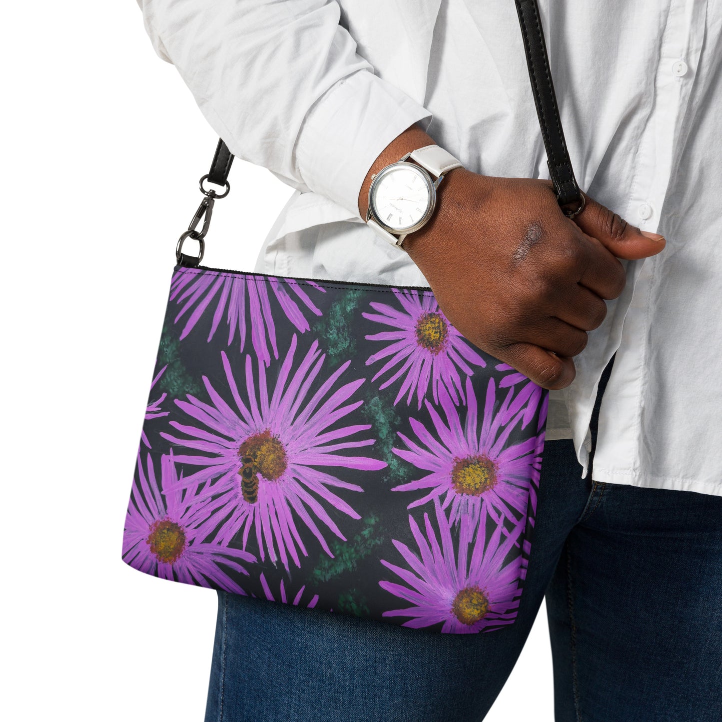 Crossbody Bag - Purple Aster Flowers with Bee, Floral Artwork Design by Cathy Dement, Faux Leather, Interchangeable Wrist Strap