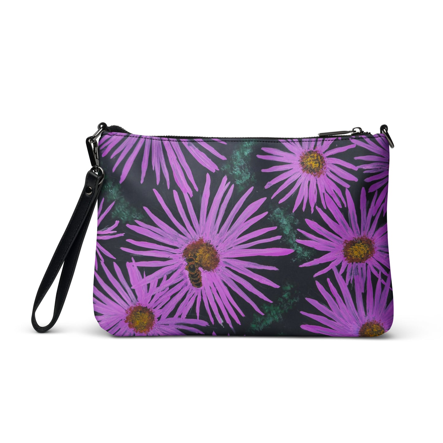 Crossbody Bag - Purple Aster Flowers with Bee, Floral Artwork Design by Cathy Dement, Faux Leather, Interchangeable Wrist Strap