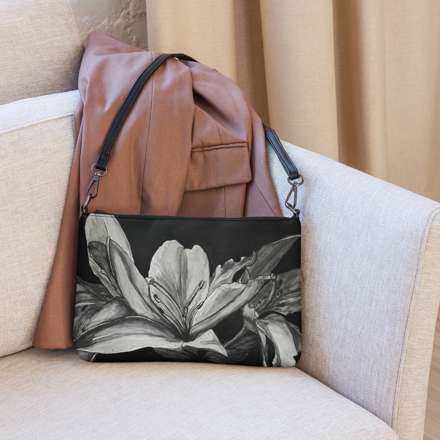 Crossbody Bag -Floral Elegance, Monochrome Lily Artwork by Cathy Dement, Faux Leather, Interchangeable Wrist Strap